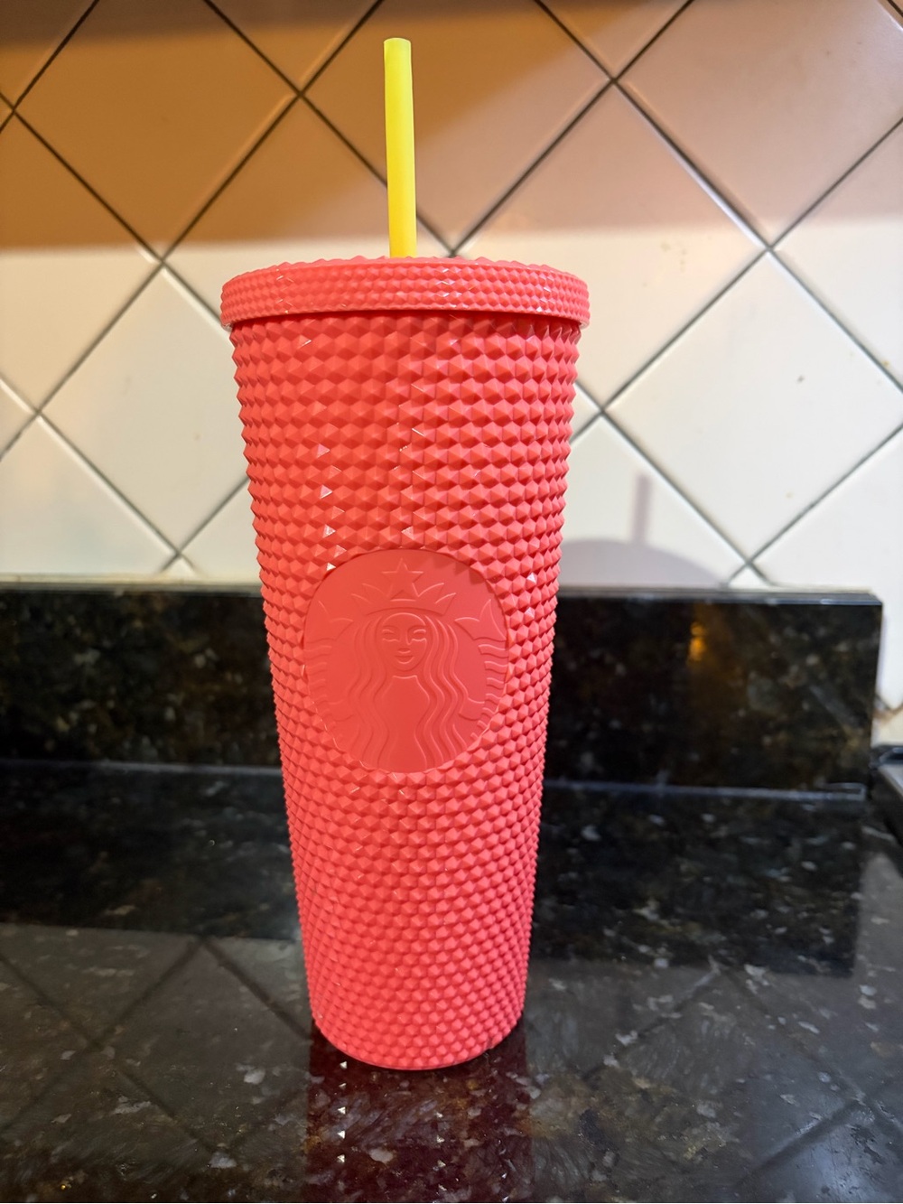 Starbucks Coral Studded Tumbler with Yellow Straw LIMITED EDITION COLOR